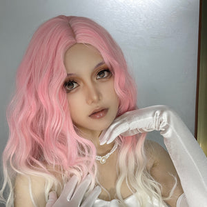 Pink and white wool curly wig W003