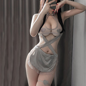 Sexy Adult Costume Sheer Hollow Out Maid Lingerie Chinese Cheongsam Dress