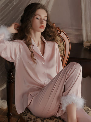 Feather Cuff Satin Pajama Set
