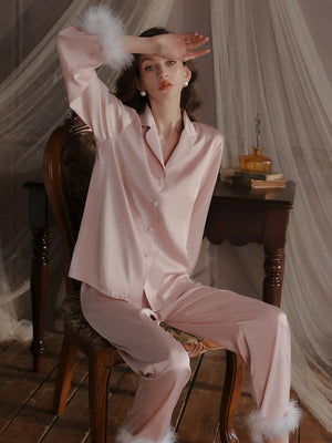 Feather Cuff Satin Pajama Set