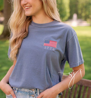 1776 Embroidered American Flag Tee Tank Long Sleeve Crewneck Sweatshirt  Patriotic Vintage Inspired 4th Of July Usa Shirt