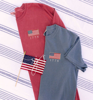1776 Embroidered American Flag Tee Tank Long Sleeve Crewneck Sweatshirt  Patriotic Vintage Inspired 4th Of July Usa Shirt