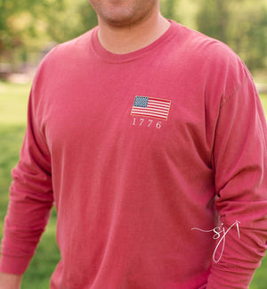 1776 Embroidered American Flag Tee Tank Long Sleeve Crewneck Sweatshirt  Patriotic Vintage Inspired 4th Of July Usa Shirt