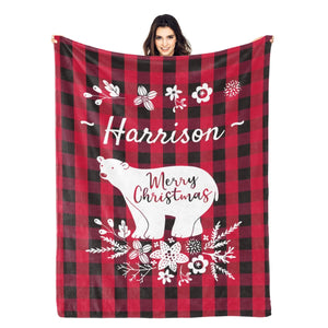 Personalized Flannel Blanket with Name for Her Him, Custom Bear Crhistmas Blankets Gifts