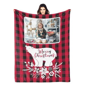 Personalized Flannel Blanket with Photo, Custom Bear Crhistmas Blankets Gifts for Her Him