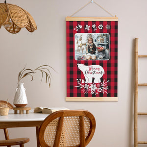Personalized Wooden Hanging Christmas Bear Posters with Photo Name (Red Black Grid)