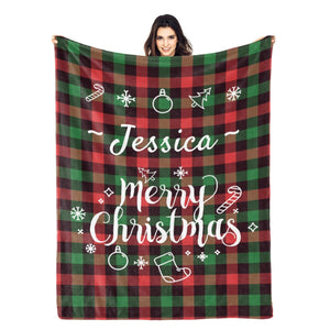 Custom Flannel Plaid Blanket with Name, Personalized Crhistmas Blankets Gifts for Her Him