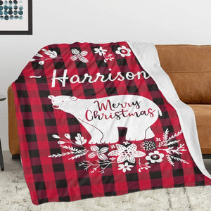 Personalized Flannel Blanket with Name for Her Him, Custom Bear Crhistmas Blankets Gifts