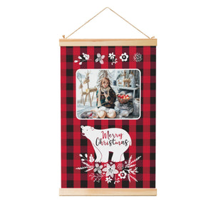 Personalized Wooden Hanging Christmas Bear Posters with Photo Name (Red Black Grid)
