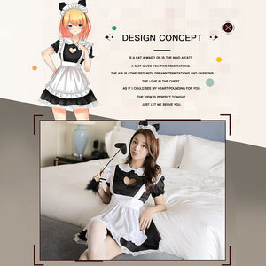 French Maid Uniform Cat Cosplay Lingerie Costume Cute Keyhole Nightwear Babydoll