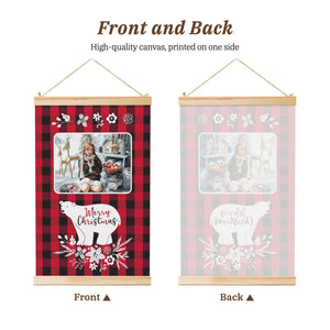 Personalized Wooden Hanging Christmas Bear Posters with Photo Name (Red Black Grid)