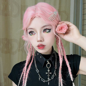Pink and white wool curly wig W003