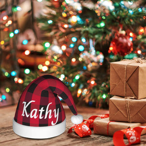 Personalized Christmas Santa Hat with Name for Him Her Family (Red Black Plaid)