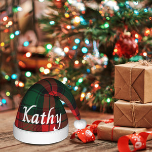 Custom Christmas Hat with Name for Him Her Family (Red Green Pattern)