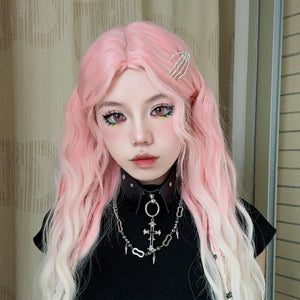 Pink and white wool curly wig W003
