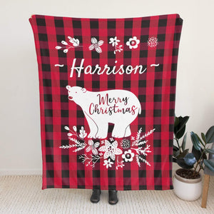 Personalized Flannel Blanket with Name for Her Him, Custom Bear Crhistmas Blankets Gifts