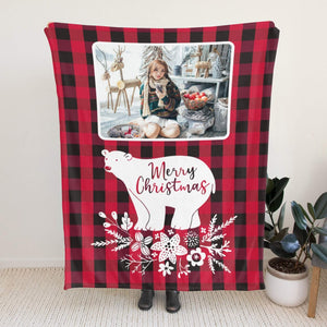 Personalized Flannel Blanket with Photo, Custom Bear Crhistmas Blankets Gifts for Her Him
