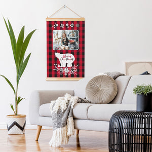 Personalized Wooden Hanging Christmas Bear Posters with Photo Name (Red Black Grid)