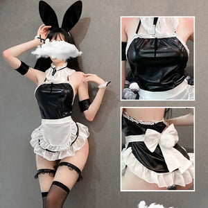 Sexy Bunny Anime Lingerie Patent Leather One-piece Apron Backless Maid Cosplay Uniform