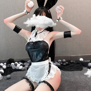 Sexy Bunny Anime Lingerie Patent Leather One-piece Apron Backless Maid Cosplay Uniform