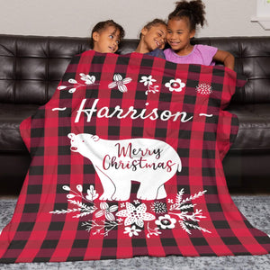 Personalized Flannel Blanket with Name for Her Him, Custom Bear Crhistmas Blankets Gifts