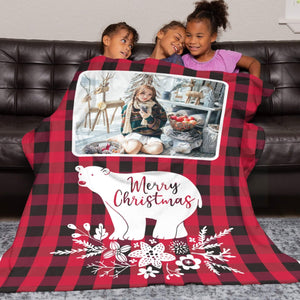 Personalized Flannel Blanket with Photo, Custom Bear Crhistmas Blankets Gifts for Her Him