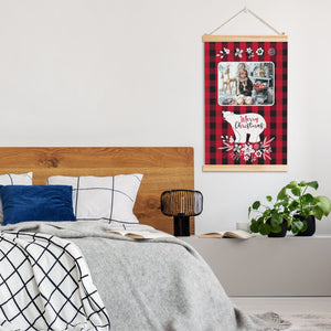 Personalized Wooden Hanging Christmas Bear Posters with Photo Name (Red Black Grid)