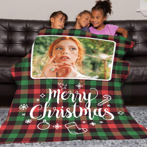 Personalized Flannel Blanket with Photo for Him Her, Custom Plaid Crhistmas Blankets Gifts