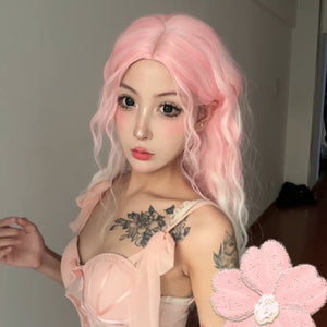 Pink and white wool curly wig W003