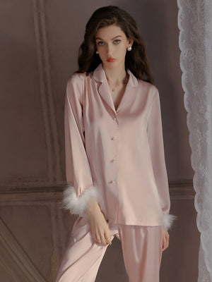 Feather Cuff Satin Pajama Set