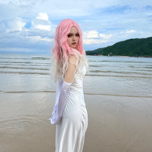 Pink and white wool curly wig W003