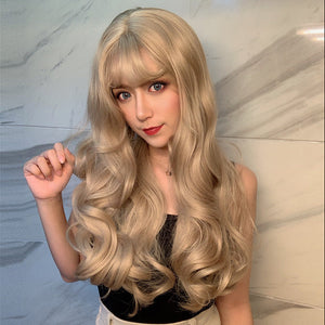 Golden gray fluffy long curly wig WS2185