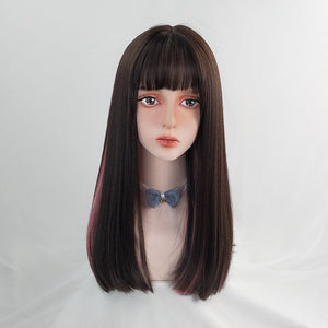 Highlighted pink mid-length straight wig WS2221