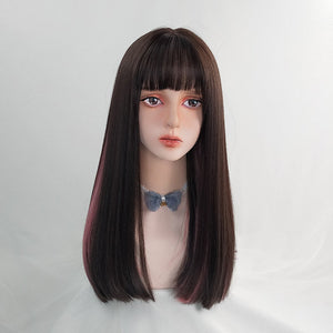 Highlighted pink mid-length straight wig WS2221