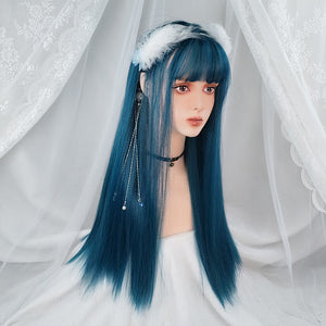 Fashion blue green long straight wig WS2222