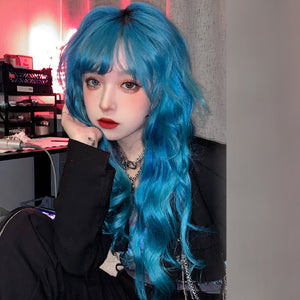 Cool girl blue long curly wig WS2295