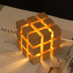 Geometric Wooden Cube Nightlight – Minimalist LED Ambient Table Lamp