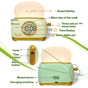 ToastieGlow Alarm Clock – Cute LED Wake‑Up Clock with Night Light & USB Rechargeable Design