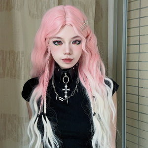 Pink and white wool curly wig W003