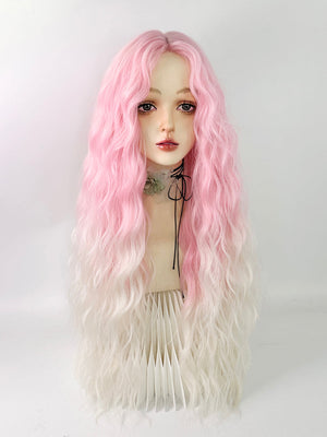 Pink and white wool curly wig W003