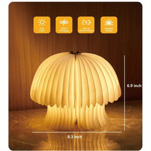 Natural Wood Foldable Mushroom Lamp – Rechargeable Cordless LED Ambient Light