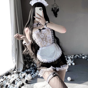 French Maid Costume Sexy Transparent Lace Teddy Outfit Babydoll Lingerie