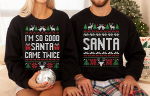 Unisex Funny Couples Ugly Christmas Sweater, Couples Matching Ugly Christmas Sweater, Santa Twice, Christmas Pajamas, Sold Seperate