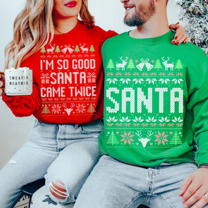 Unisex Funny Couples Ugly Christmas Sweater, Couples Matching Ugly Christmas Sweater, Santa Twice, Christmas Pajamas, Sold Seperate