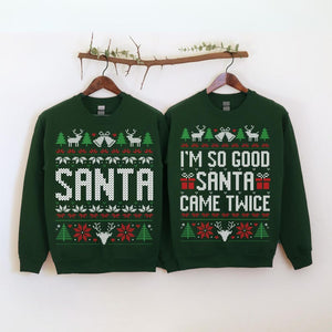 Unisex Funny Couples Ugly Christmas Sweater, Couples Matching Ugly Christmas Sweater, Santa Twice, Christmas Pajamas, Sold Seperate