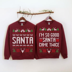 Unisex Funny Couples Ugly Christmas Sweater, Couples Matching Ugly Christmas Sweater, Santa Twice, Christmas Pajamas, Sold Seperate