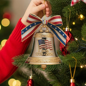 American Liberty Bell Ornament 250th Anniversary, Gold Christmas Bell with US Flag & Patriotic Bow, 1776 2026 USA Bicentennial Decoration