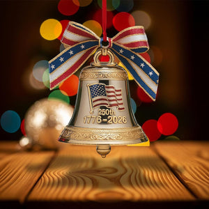 American Liberty Bell Ornament 250th Anniversary, Gold Christmas Bell with US Flag & Patriotic Bow, 1776 2026 USA Bicentennial Decoration