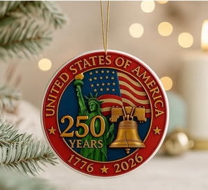 USA 250th Anniversary Ornament Ceramic, Glass & Coin Options 1776-2026 Patriotic Christmas Decoration
