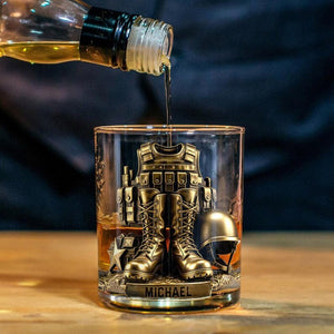 Custom Name 250th US Military Whiskey Glass Gold, Soldier Boots Whiskey Glass, Army Veteran Whiskey Cup, Retro Barware Decor Gift